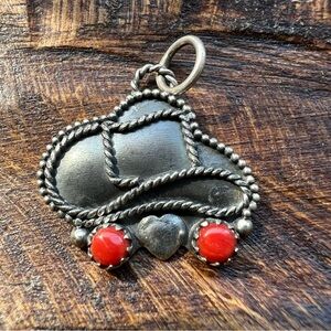 925 Sterling Silver Italian Red Coral Cowboy Hat Pendant Western Handmade